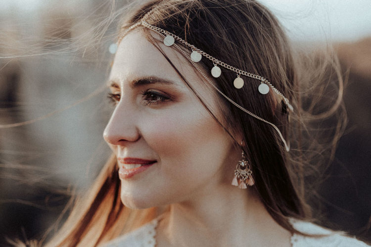 Boho bridal accessories - headpieces and statement earrings - finished off the look