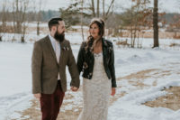 04 The bride was wearing a lace off the shoulder wedding dress, an embroidered leather jacket and a bold crystal headpiece