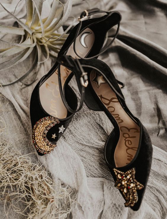 black velvet embellished celestial and starry heels with ankle straps are a gorgeous idea for a boho starry wedding