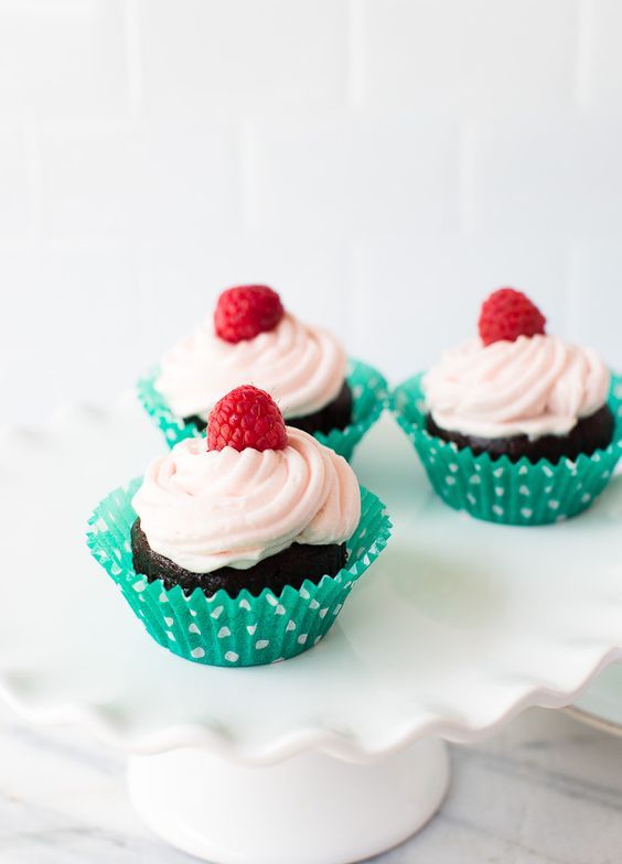 tasty gluten free, dairy free and nut free chocolate cupcakes topped with fresh raspberries