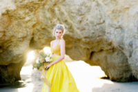 09 a mustard crop top and a sunny yellow full skirt with a train for a color-inspired and trendy bridal look
