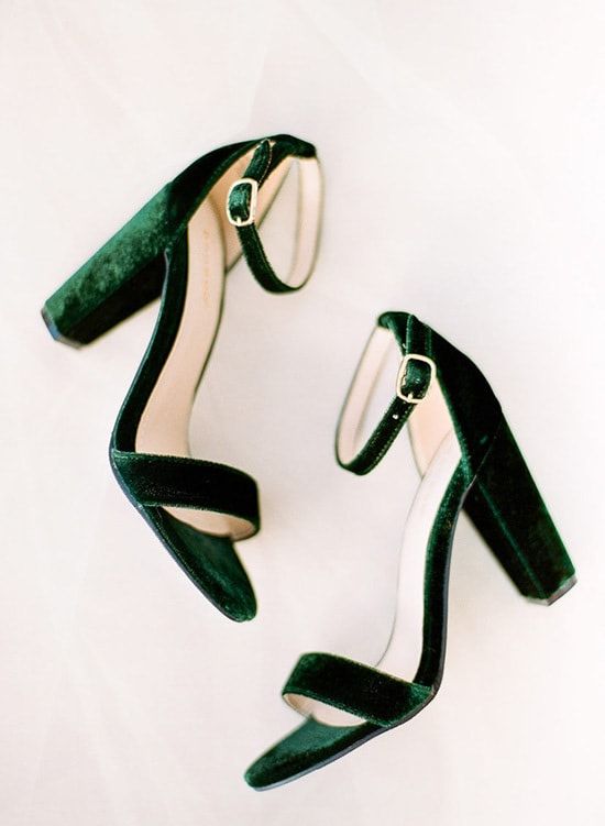 emerald velvet block heels with ankle straps will highlight your ankles and add a bold touch