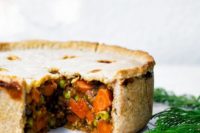 14 a vegan holiday hot pie with hot water pastry, carrots, onions, paprika, peppers and lentils