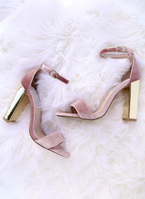 pink velvet ankle strap sandals with shiny gold block heels are a girlish idea to rock