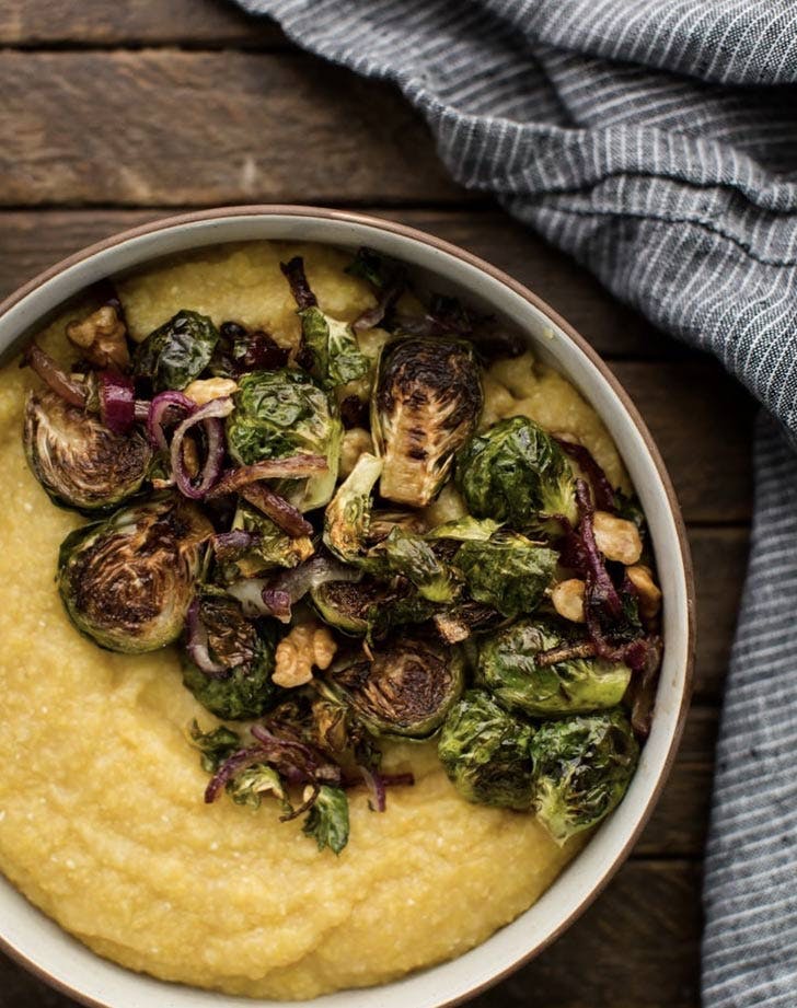 balsamic roasted Brussels sprouts with polenta is a heart and satisfying option of a main dish