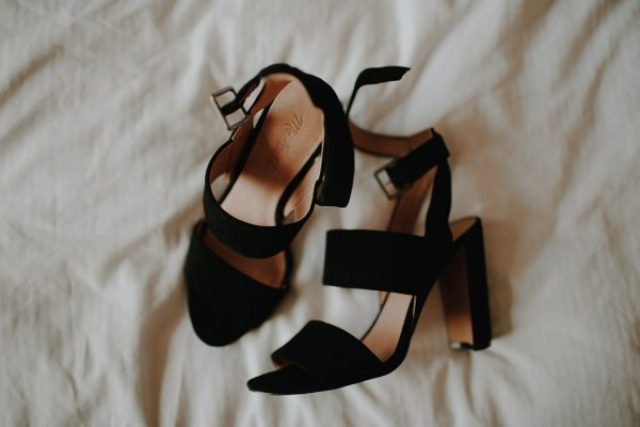 black velvet wedding shoes with wide straps and black heels will add a chic touch to your outfit