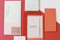 18 a modern color block wedding invitation suite done in blush, mint, orange and red for a bold look