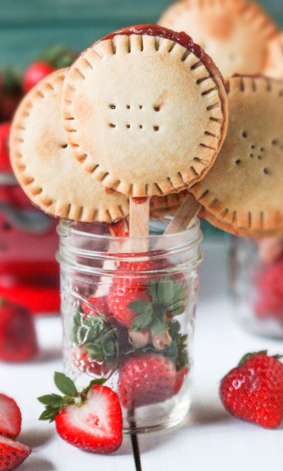 delicious vegan strawberry pie pops served with fresh berries in jars are a fun idea for summer