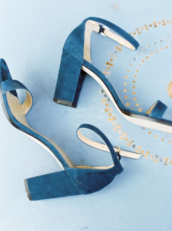 bold blue suede ankle strap sandals with block heels are a bold something blue option
