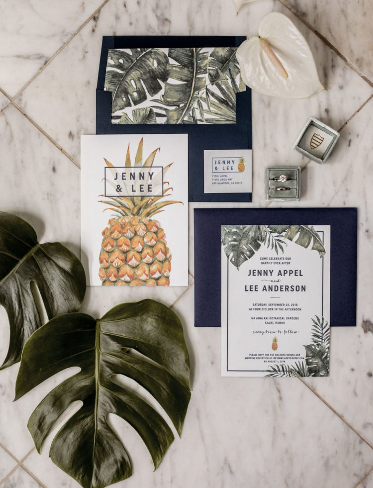 The wedding stationery was done with painted tropical leaves and pineapples to remind of the place