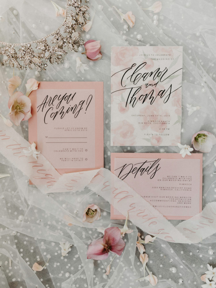The wedding stationery was done in peachy pink and coral, which were the colors of the shoot
