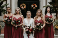 03 The bridesmaids were wearing burgundy maxi dresses on spaghetti straps