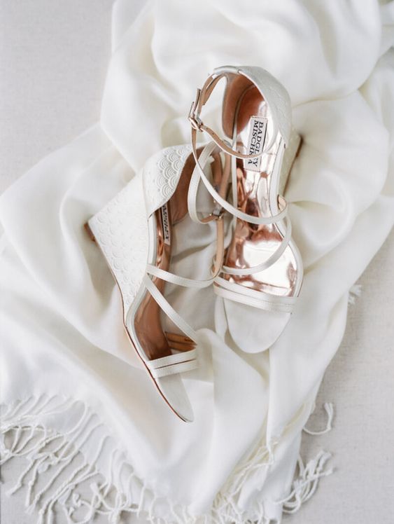 chic white printed wedding wedges with many thin straps by Badgley Mischka