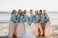 07 The bridesmaids were wearing blush maxi dresses with slits and denim jackets