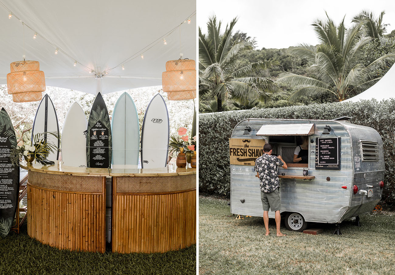 A surfer bar and a shaved ice cream bar were a great idea to pull off at a tropical wedding