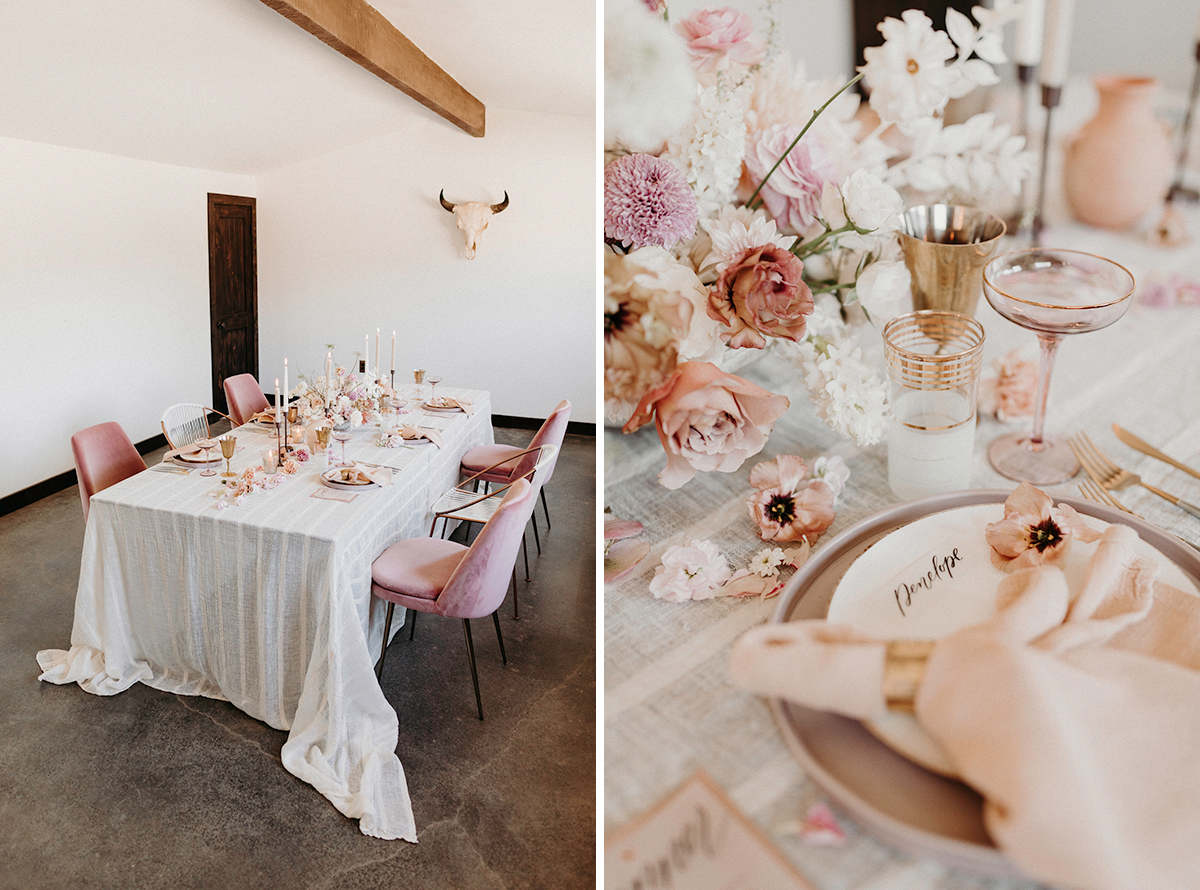 The wedding tablescape was done in peachy pink and coral, with candles and touches of gold