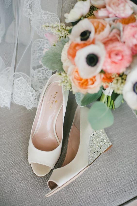 ivory wedding wedges with sparkling and shiny heels and peep toes for a touch of glam in your look