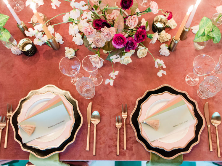 The wedding centerpiece was bright and textural, and we all love tasseled stationery
