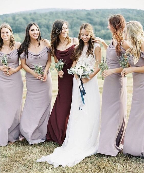 draped lilac maxi dresses with spaghetti straps and a matching dress of burgundy velvet for the maid of honor