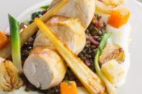 13 pan-fried chicken breast with lentils, baby leeks, baby onions, parsnips a la Francaise