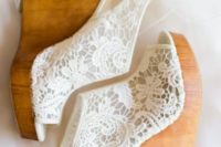 14 white lace wedge booties with wooden platfors and peep toes is a gorgeous boho chic idea