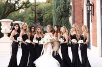 17 sexy black spaghetti strap mermaid bridesmaid dresses with trains and a strapless mermaid dress with gold sequins on the bodice and a black skirt