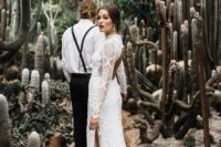 19 a sexy lace sheath wedding dress with a turtleneck, a side slit and a cutout back plus long sleeves