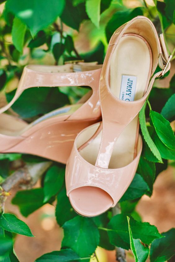 elegant lacquered pink wedding wedges with peep toes and ankle straps by Jimmy Choo