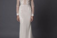 20 a super sexy sheath wedding dress with a turtleneck, long illusion sleeves and a sheer bodice with lace