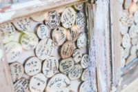 21 a shabby chic window with wood slices and lace is a very cute and easy DIY idea