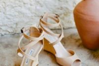 22 nude lacquered peep toe wedding wedges with straps on the ankles is a fresh take on classic nude shoes