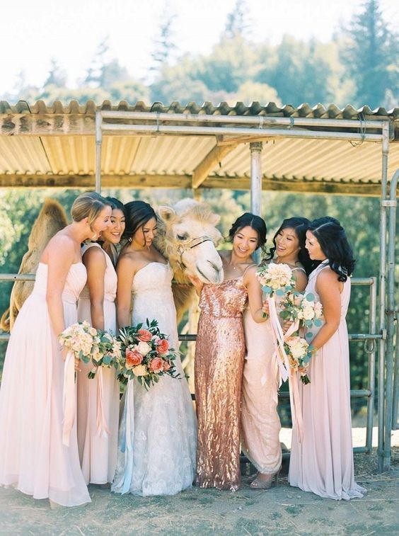 mismatching blush maxi gowns and a copper sequin maxi dress for the maid of honor