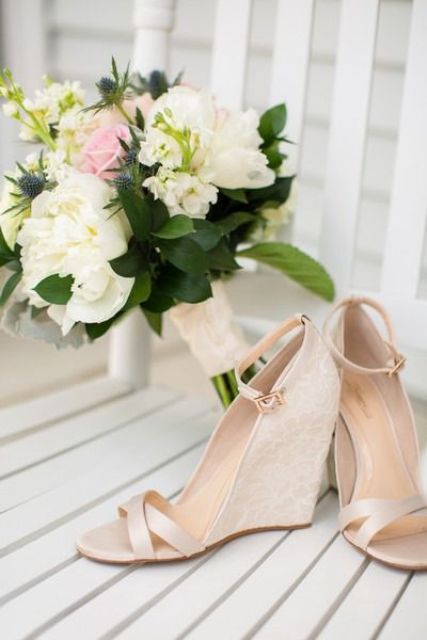 nude strappy wedges with lace heels and ankle strap are a classic and stylish option