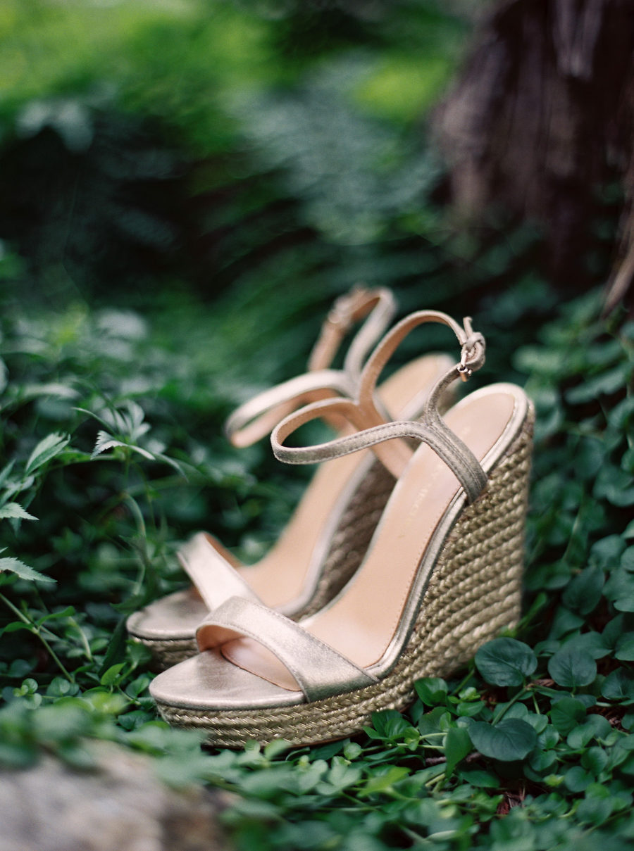 Shiny metallic wedding wedges with thin straps and wicker platforms for a stylish and sexy look