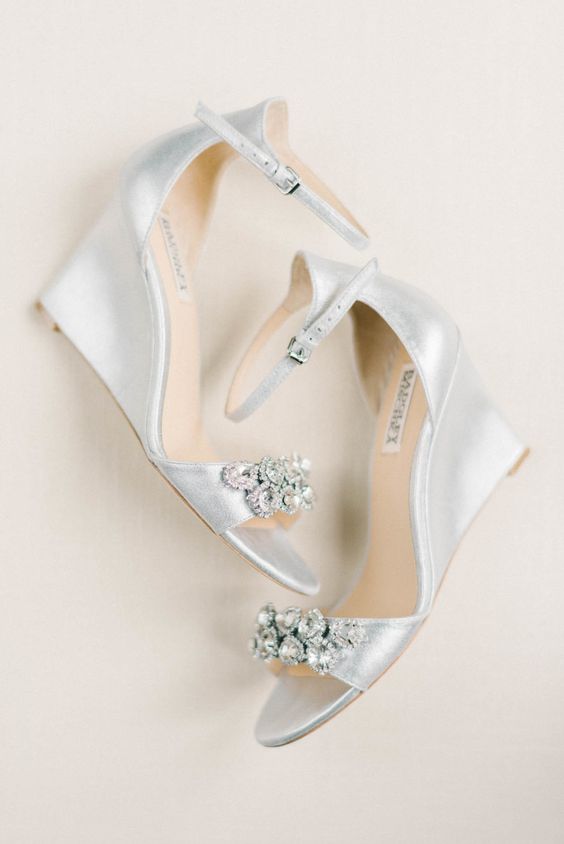 silver and embellished wedding wedges with thin ankle straps by Badgley Mischka