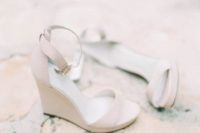 28 tan wedged sandals with ankle straps are a perfect option for a minimalist bride