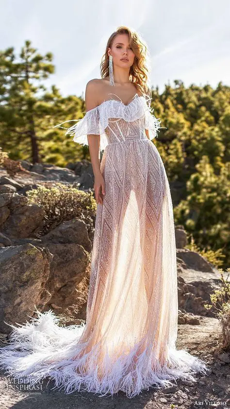 a catchy off the shoulder wedding dress with a sheer skirt, a ruffle neckline and feathered skirt and a neckline