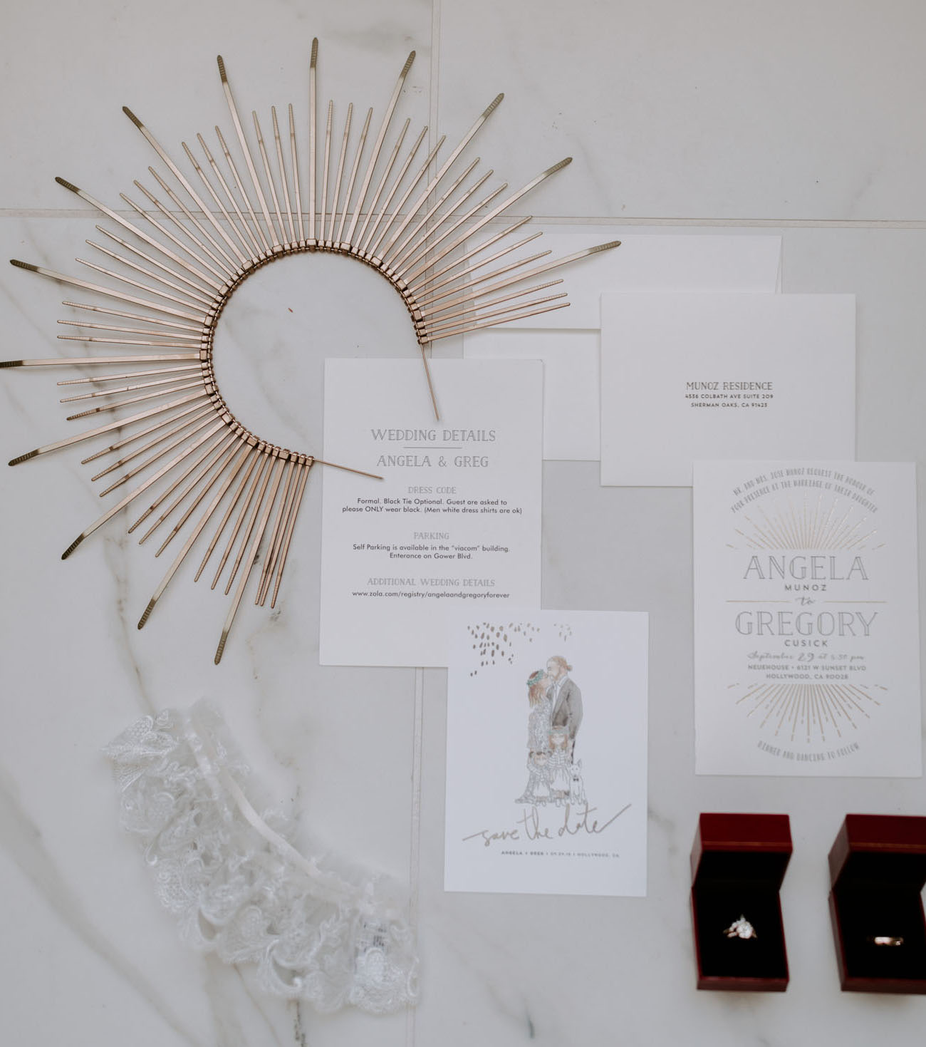 The wedding was spruced up with sunburst motifs   the headpiece, the backdrop and the stationery were done with them