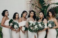 02 chic neutral off the shoulder and strapless mermaid bridesmaid dresses for a sexy statement