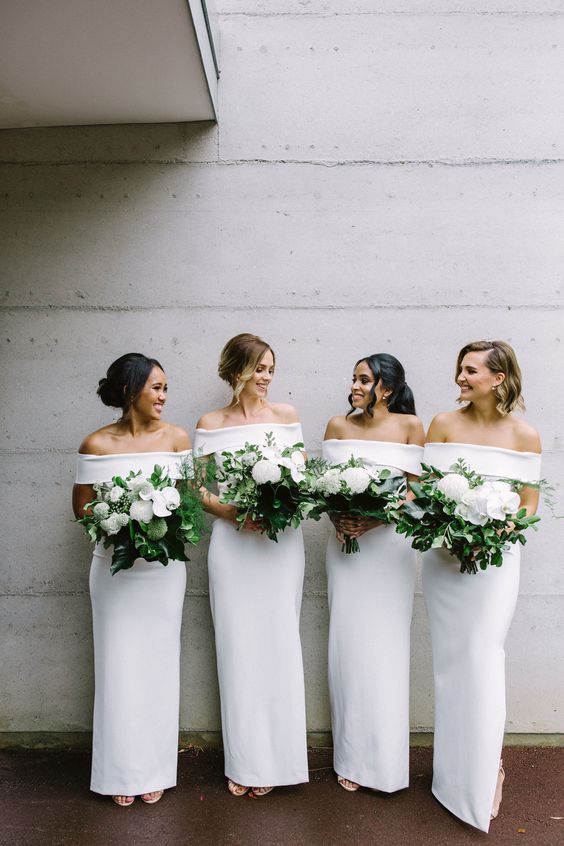chic white off the shoulder maxi bridesmaid dresses are ultimate elegance for a tropical wedding