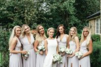 04 chic and sexy off-white bridesmaid maxi dresses with plunging necklines, ties and knots and front slits