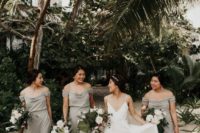 06 elegant grey cold shoulder maxi bridesmaid dresses with updos and statement earrings