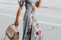 07 a flowy off the shoulder floral print wedding guest dress with a slit, nude shoes and a nude bag for a summer wedding