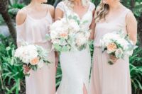 07 mismatching blush maxi bridesmaid dresses with slits and various necklines are a romantic and soft idea