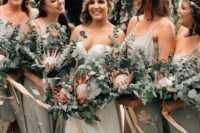09 grey maxi bridesmaid dresses with spaghetti straps and pink floral prints plus side slits