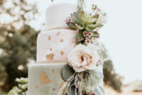 10 The wedding cake was done in white, marble pink and green plus metallic foil and lush blooms