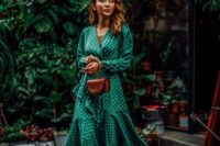 11 an emerald green wrap midi dress with polka dot prints, brown shoes and a brown bag for spring or summer