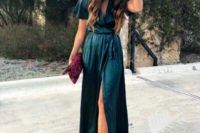 13 a dark green wrap maxi dress with short sleeves, nude shoes, a purple printed clutch
