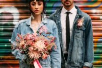 15 a distressed denim jacket instead of a usual blazer plus a pink floral boutonniere for a fun touch