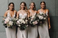 17 shiny silver high low midi bridesmaid dresses with thick straps and pluning necklines and statement earrings